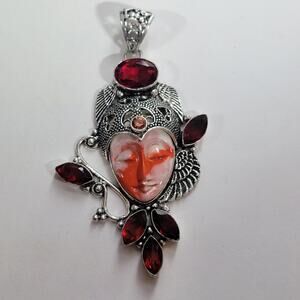Goddess Pendant Carved Orange Brown Stone Face Sterling Silver Garnet